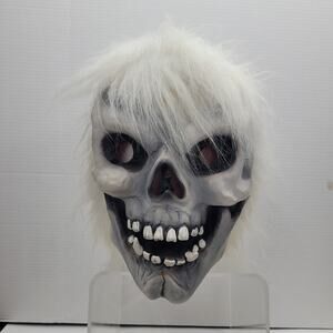 Vtg Skeleton Skull Rubber Mask White Hair Full Head Halloween Scary Horror